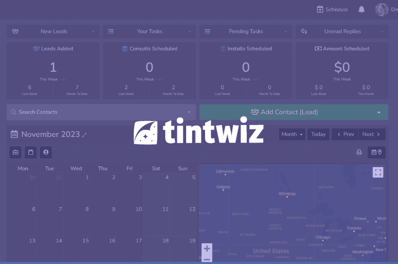 Tint Wiz | CRM Software for PPF Businesses Dashboard showing an organized calendar, Map