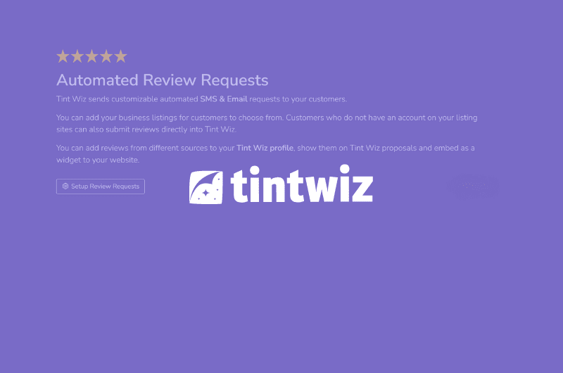Tint Wiz software showing the review request feature for paint protection businesses